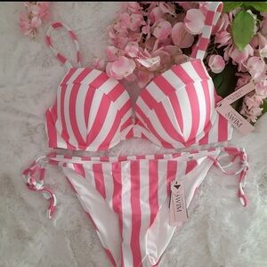 NEW 38C VS Pink Cabana Striped Swim Pushup Top + String beach bottoms